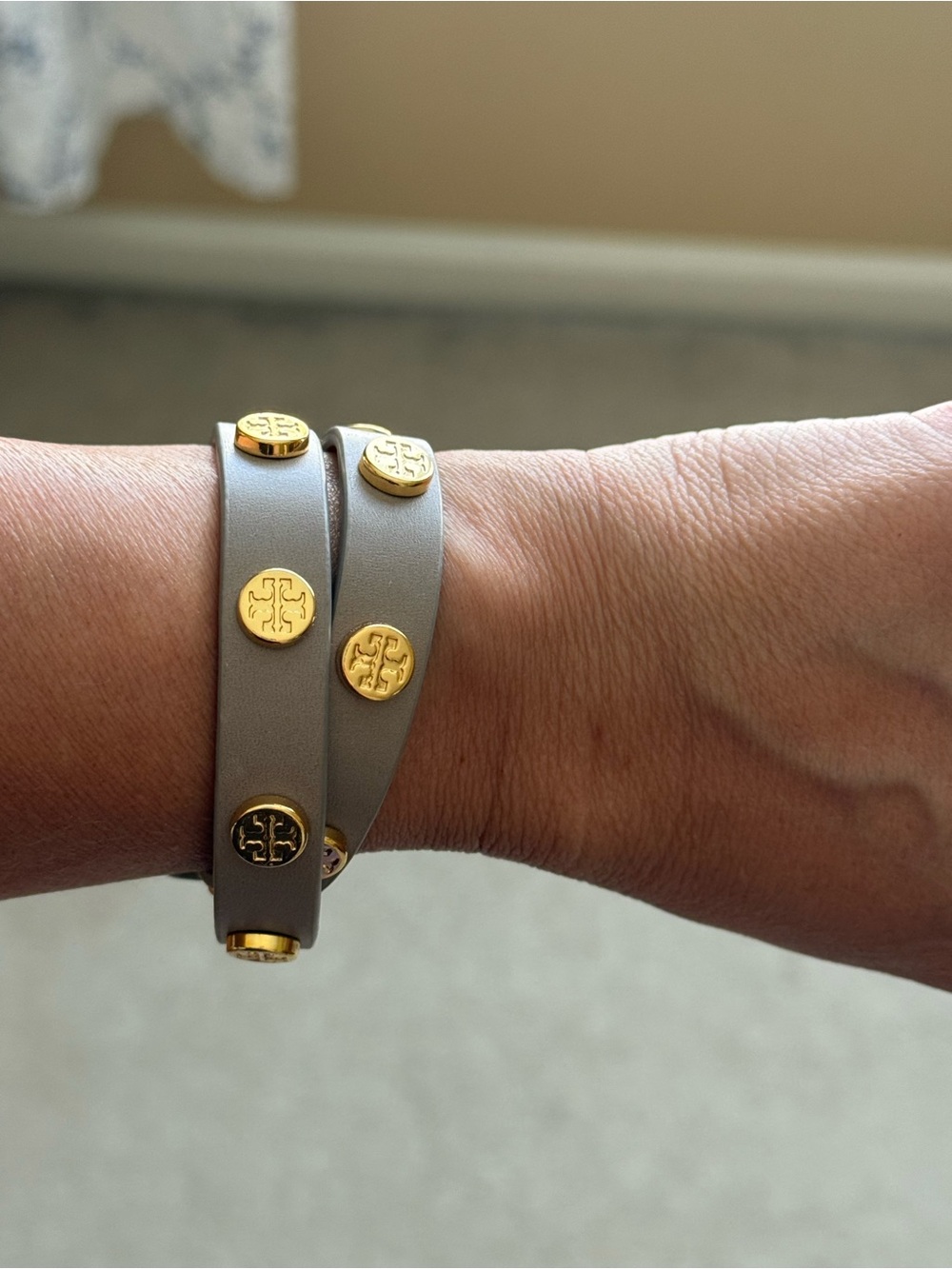 Tory Burch Gray Leather Wrap Watch Bracelet with Gold Logos